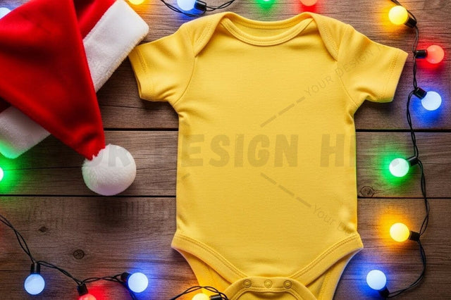 Yellow baby onesie with christmas decorations Mock Up Photo Designangry 