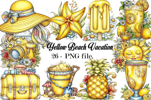 Yellow Beach Vacation Clipart Bundle. Sublimation SVGArt 