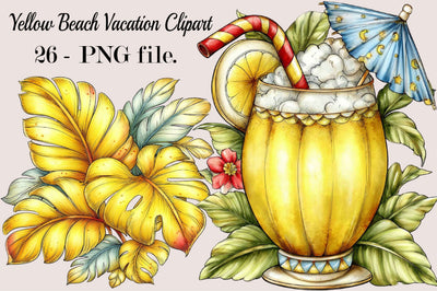 Yellow Beach Vacation Clipart Bundle. Sublimation SVGArt 