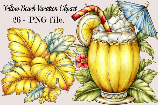 Yellow Beach Vacation Clipart Bundle. Sublimation SVGArt 
