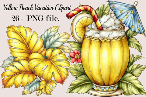 Yellow Beach Vacation Clipart Bundle. Sublimation SVGArt 