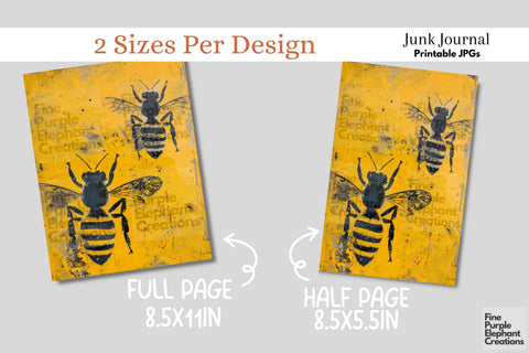 Yellow Black Bees Digital Junk Journal Kit Half Page Digital Pattern Fine Purple Elephant Creations 