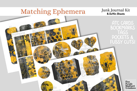 Yellow Black Bees Digital Junk Journal Kit Half Page Digital Pattern Fine Purple Elephant Creations 