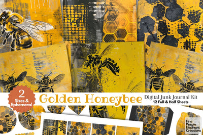 Yellow Black Bees Digital Junk Journal Kit Half Page Digital Pattern Fine Purple Elephant Creations 