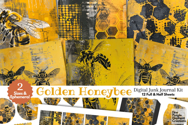 Yellow Black Bees Digital Junk Journal Kit Half Page Digital Pattern Fine Purple Elephant Creations 