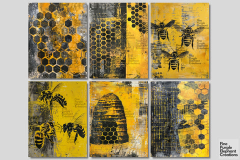 Yellow Black Bees Digital Junk Journal Kit Half Page Digital Pattern Fine Purple Elephant Creations 