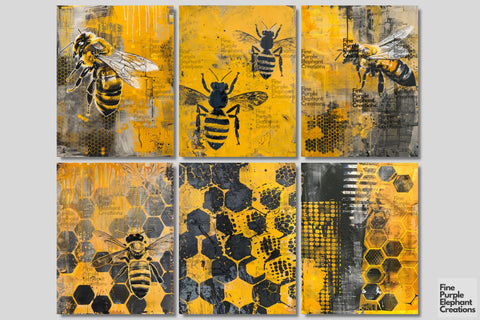 Yellow Black Bees Digital Junk Journal Kit Half Page Digital Pattern Fine Purple Elephant Creations 