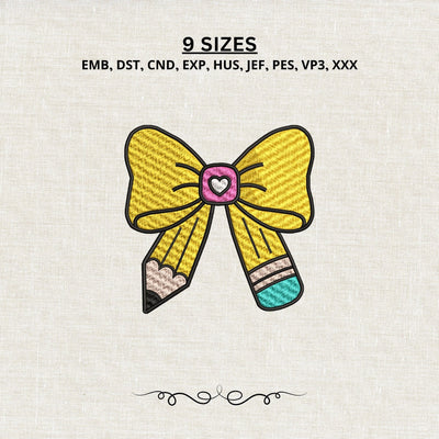 Yellow Bow with Pencil | Back to School Machine Embroidery Design | School Bow Stitch Pattern Pes Dst Files Embroidery/Applique DESIGNS PatternFeed8 