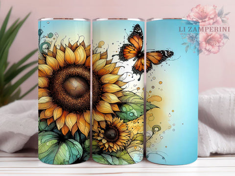 Yellow Floral Butterfly 20oz Tumbler Wrap PNG, Sunflowers Tumbler Png, Straight & Tapered Tumbler Wrap, Instant Digital Download Sublimation Li Zamperini 