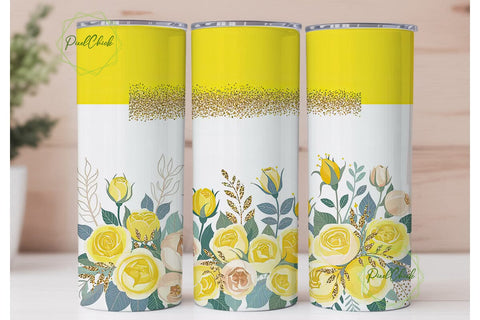 Yellow Floral Glitter 20oz Tumbler Wrap Sublimation PixelChick 