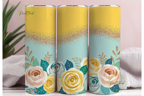 Yellow Floral Glitter 20oz Tumbler Wrap Sublimation PixelChick 