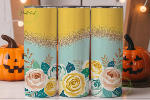 Yellow Floral Glitter 20oz Tumbler Wrap Sublimation PixelChick 
