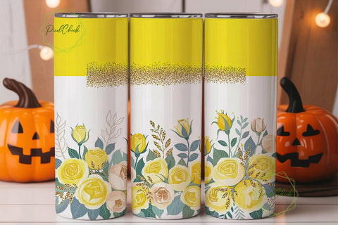 Yellow Floral Glitter 20oz Tumbler Wrap Sublimation PixelChick 