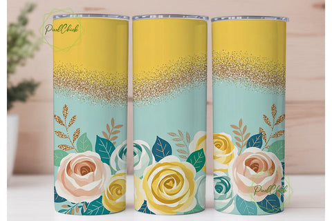 Yellow Floral Glitter 20oz Tumbler Wrap Sublimation PixelChick 