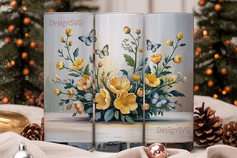Yellow Flowers & Butterflies Tumbler Sublimation DesignSVG 