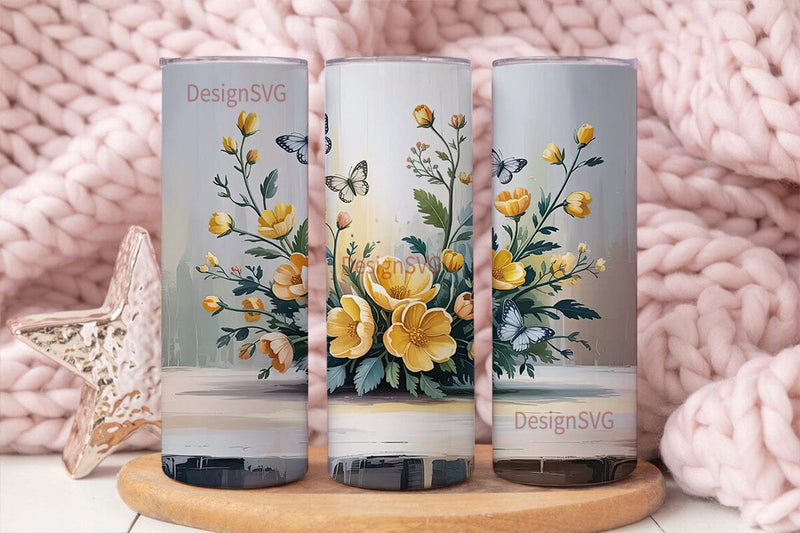 Yellow Flowers & Butterflies Tumbler Sublimation DesignSVG 