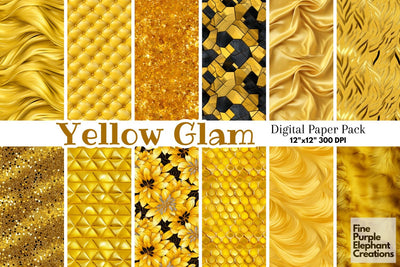Yellow Glam Digital Paper | Luxury Glitter Art Deco Digital Pattern Fine Purple Elephant Creations 