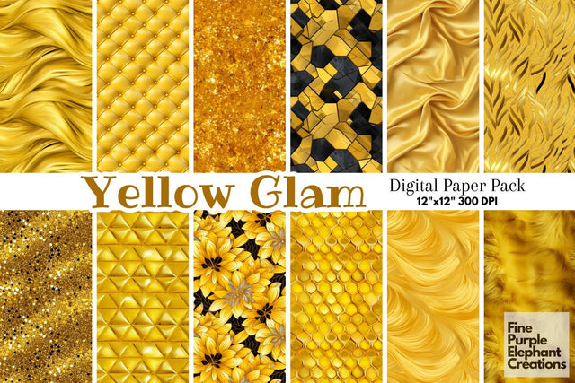Yellow Glam Digital Paper | Luxury Glitter Art Deco Digital Pattern Fine Purple Elephant Creations 