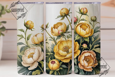 Yellow Peony Watercolor Floral Tumbler Sublimation sassyprint 