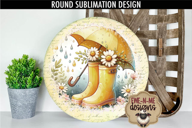 Yellow Rain Boots Umbrella Sublimation Design | Round PNG Sublimation Ewe-N-Me Designs 