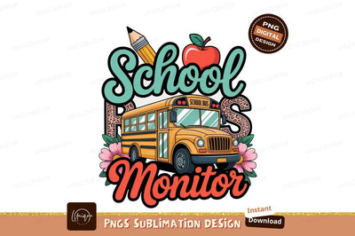Yellow school bus with apple and pencil image Sublimation Designangry 