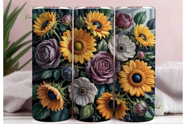 Yellow Sunflower Grey Rose 20oz Tumbler Sublimation PixelChick 