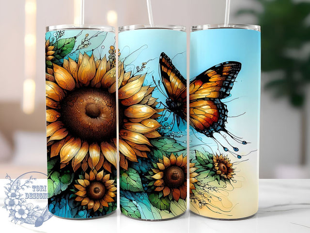 Yellow Sunflowers Butterfly 20oz Skinny Tumbler, Sunflowers Tumbler Png, Straight & Tapered Tumbler Wrap, Instant Digital Download Sublimation ToriDesigns 