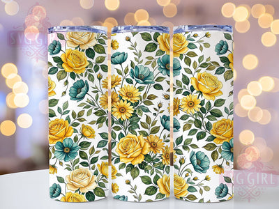 Yellow Teal Rose Floral 20oz Tumbler, Yellow Accent, Teal Highlight, Rose Motif, Floral Pattern, Sublimation Wrap, 20oz Tumbler, Elegant Charm Sublimation SvggirlplusArt 