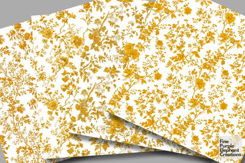Yellow Toile Elegance Digital Paper - Delicate Flower Garden Chinoiserie Digital Pattern Fine Purple Elephant Creations 