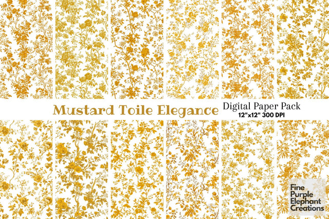 Yellow Toile Elegance Digital Paper - Delicate Flower Garden Chinoiserie Digital Pattern Fine Purple Elephant Creations 