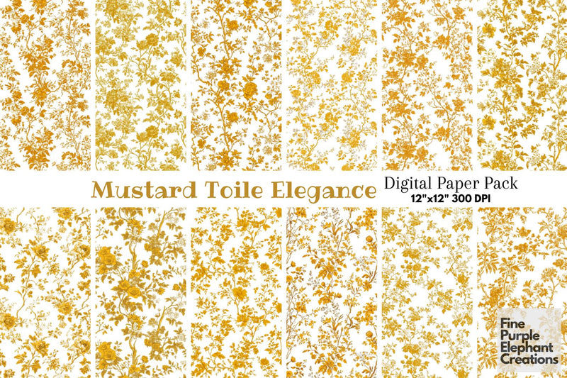Yellow Toile Elegance Digital Paper - Delicate Flower Garden Chinoiserie Digital Pattern Fine Purple Elephant Creations 