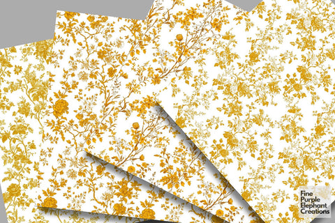 Yellow Toile Elegance Digital Paper - Delicate Flower Garden Chinoiserie Digital Pattern Fine Purple Elephant Creations 