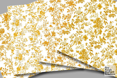 Yellow Toile Elegance Digital Paper - Delicate Flower Garden Chinoiserie Digital Pattern Fine Purple Elephant Creations 