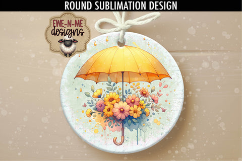 Yellow Umbrella and Flowers Sublimation Design | Round PNG Sublimation Ewe-N-Me Designs 