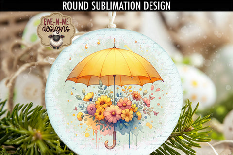 Yellow Umbrella and Flowers Sublimation Design | Round PNG Sublimation Ewe-N-Me Designs 
