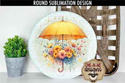 Yellow Umbrella and Flowers Sublimation Design | Round PNG Sublimation Ewe-N-Me Designs 