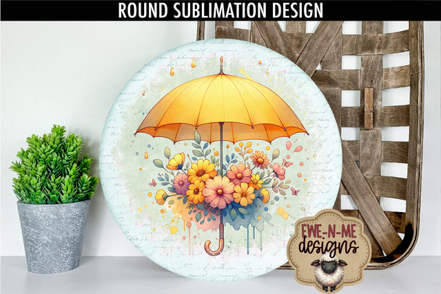 Yellow Umbrella and Flowers Sublimation Design | Round PNG Sublimation Ewe-N-Me Designs 