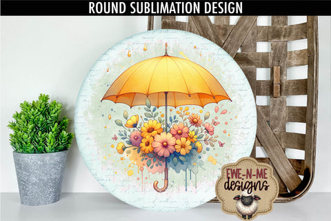 Yellow Umbrella and Flowers Sublimation Design | Round PNG Sublimation Ewe-N-Me Designs 