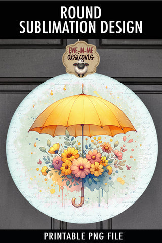 Yellow Umbrella and Flowers Sublimation Design | Round PNG Sublimation Ewe-N-Me Designs 