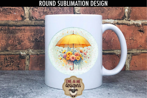 Yellow Umbrella and Flowers Sublimation Design | Round PNG Sublimation Ewe-N-Me Designs 