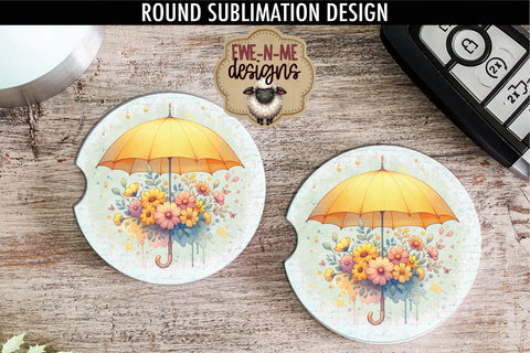 Yellow Umbrella and Flowers Sublimation Design | Round PNG Sublimation Ewe-N-Me Designs 