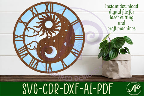 Yin Yang sun and moon wall clock laser cut files, SVG file SVG APInspireddesigns 