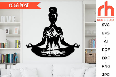Yoga Pose SVG, Mother Nature Cut File, Silhouette of a Girl in a Yoga Pose, Mountain Landscape PNG, Lake Scene DXF SVG RedHelgaArt 