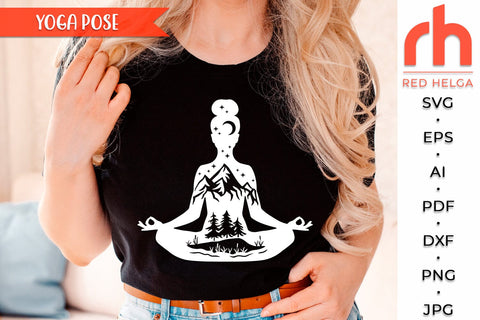 Yoga Pose SVG, Mother Nature Cut File, Silhouette of a Girl in a Yoga Pose, Mountain Landscape PNG, Lake Scene DXF SVG RedHelgaArt 