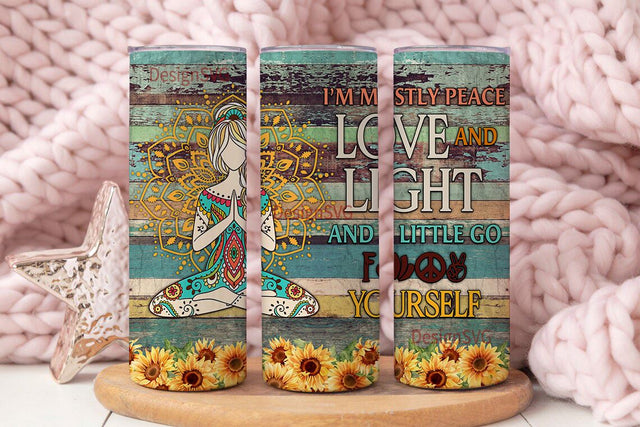 Yoga Tumbler With Lid Im Mostly Peace Love And Light Insulated 20 Oz Skinny Tumbler Wrap Sublimation StraightTapered Seamless Sublimation DesignSVG 