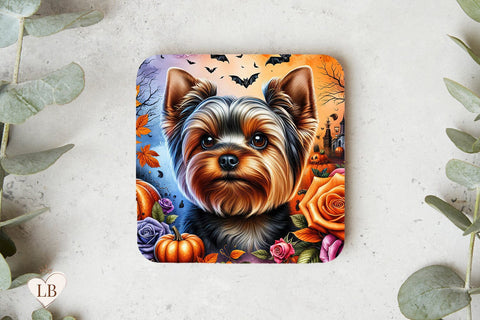 Yorkie Halloween Coaster, Yorkshire Terrier Square Coaster Design Sublimation BijouBay 