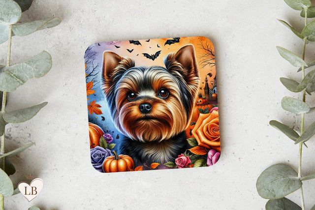 Yorkie Halloween Coaster, Yorkshire Terrier Square Coaster Design Sublimation BijouBay 
