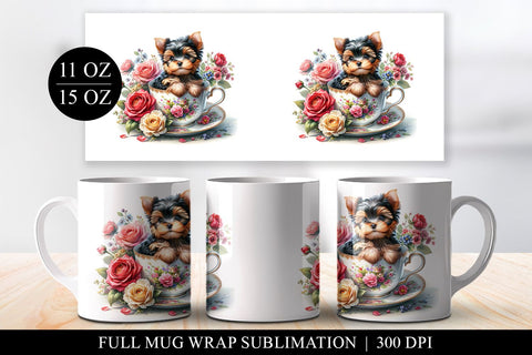 Yorkie Puppy Floral Teacup Full Mug Wrap Sublimation Design Sublimation BijouBay 