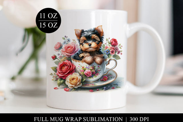 Yorkie Puppy Floral Teacup Full Mug Wrap Sublimation Design Sublimation BijouBay 