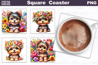 Yorkie Square Coaster Dog Flowers Square Coaster Sublimation WatercolorColorDream 
